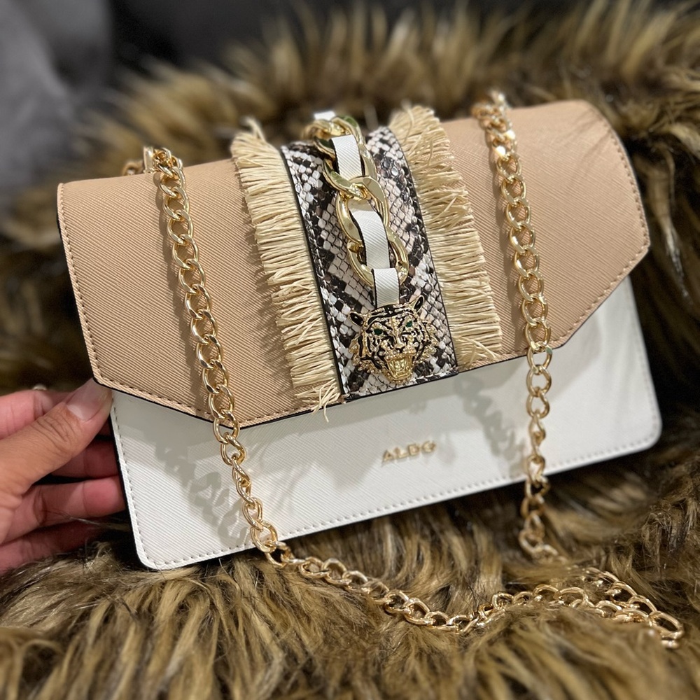 Aldo Beige and White Crossbody Bag with Gold Chain